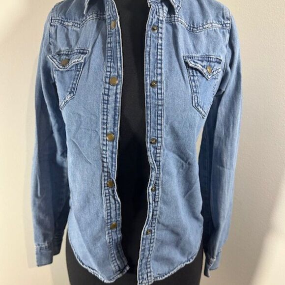 Miley Cyrus & Max Azria Tops - Miley Cyrus Distressed Denim Button Down Shirt   8313